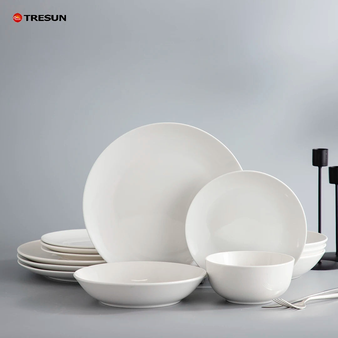 White Porcelain Round Dinnerware Sets High Quality Restaurant Hotel Ceramic Dishwasher Safe Sustainable Classic Luxury Pattern