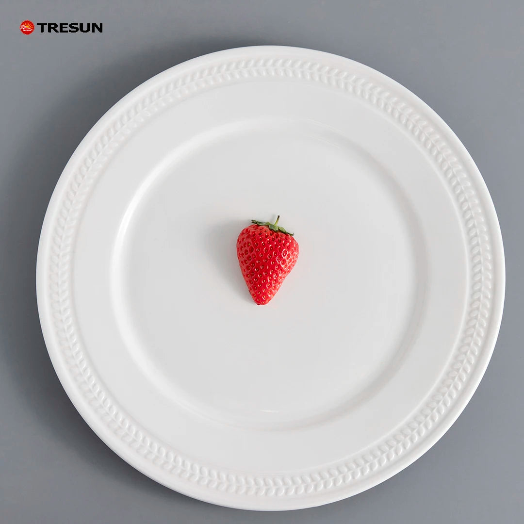 Elegant Round Edge White Plates Embossed Design Porcelain Dinner Plate Set for Wedding