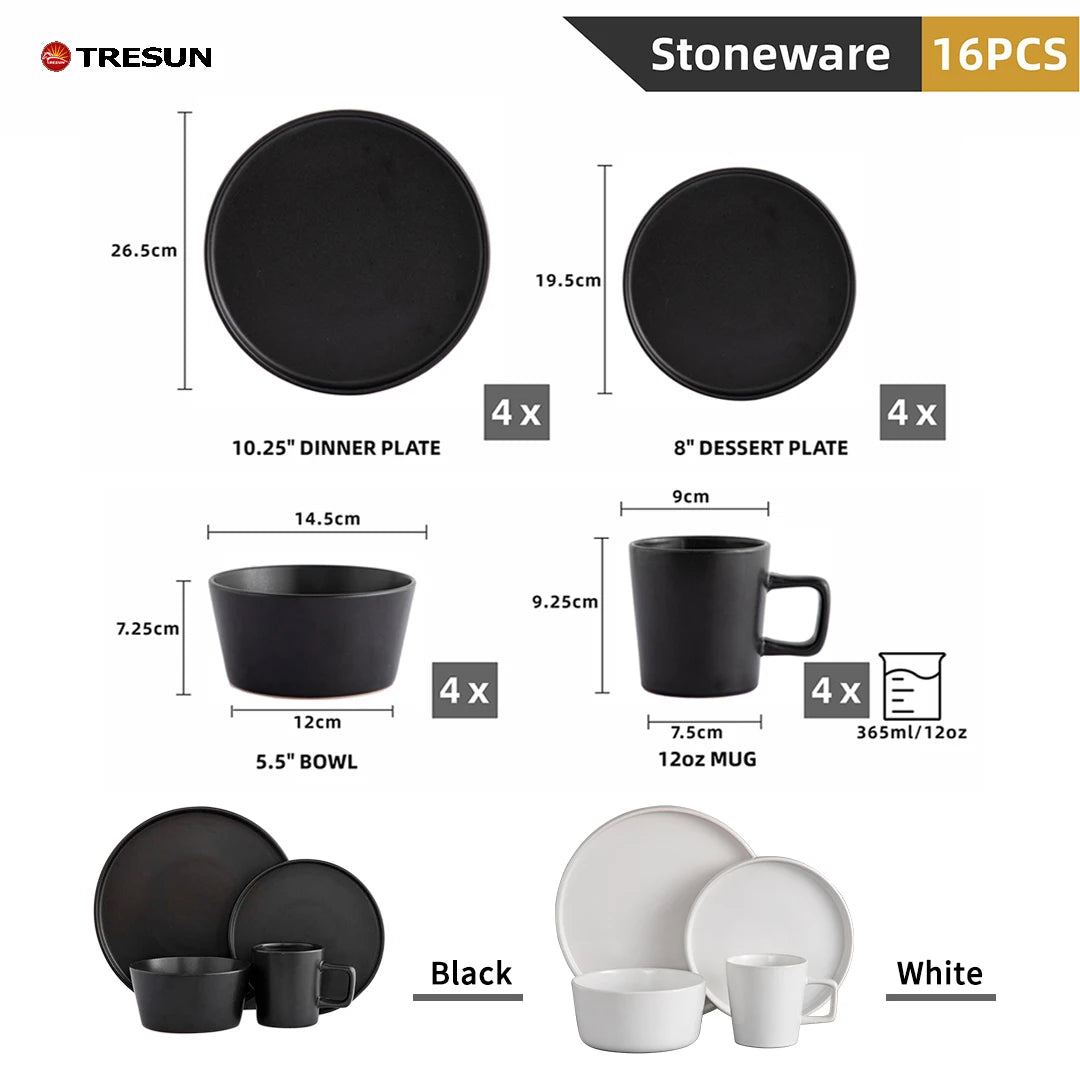 Wholesale Factory Hotel Dining Luxury Ceramic Matte Black White 16 Pcs Tableware Plate Dinnerware Set Cup Kit