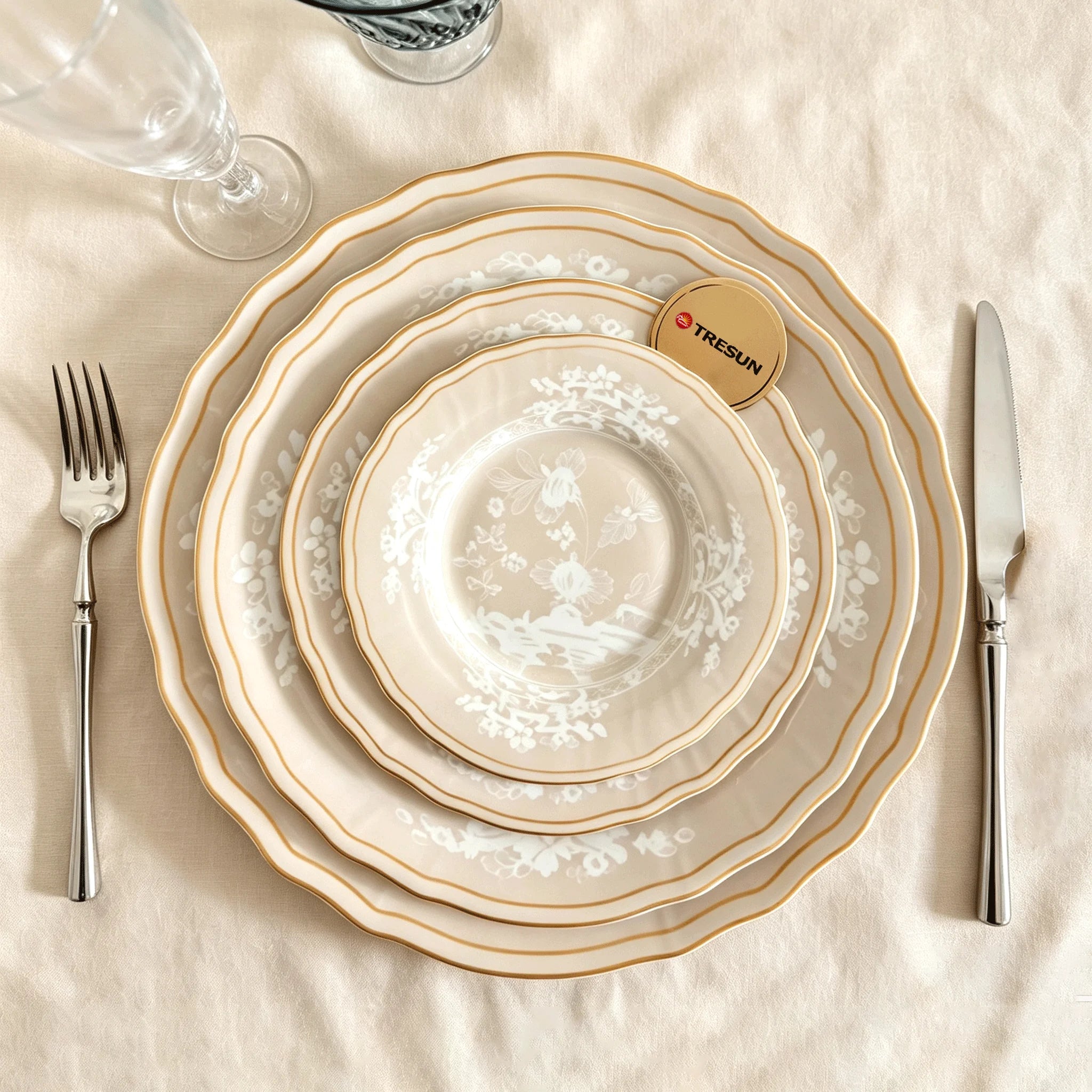 Beige Bone China Plate Custom Color & Logo Floral Decals Ceramic Dinnerware Set Wedding&Party Event Rental Decor Charger Plates