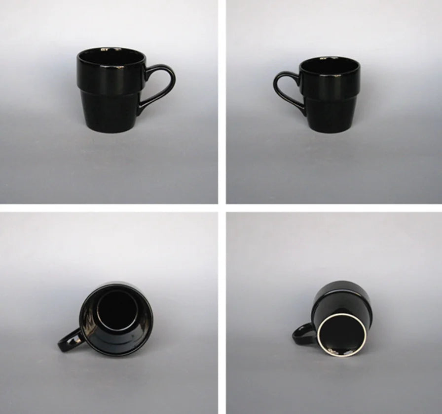 Black Glazed Stackable Ceramic Mug, Simple Tiered Coffee Milk Cup Custom Logo Print Wholesale for Supermarket Promotional Gifts