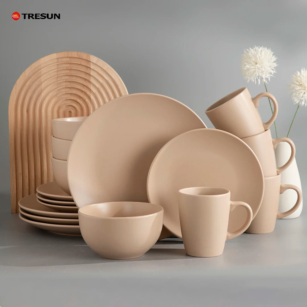 TRESUN 16-Piece Stoneware Classic Wedding Dinnerware Set Dishwasher & Microwave Safe Matte Beige Plates and Mug