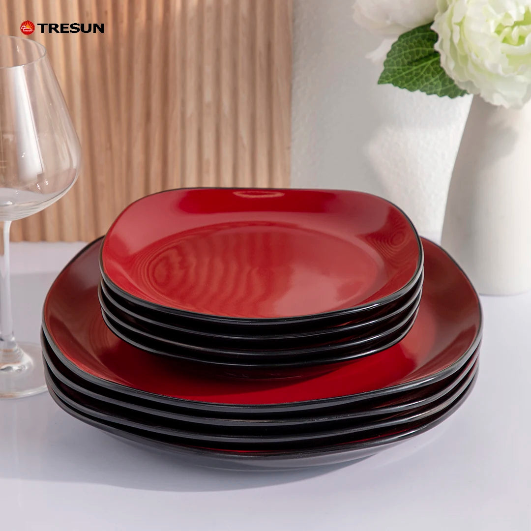Dinner Set Red Blue Black Solid Two Stone Color Glazed Stoneware Ceramic Crockery Dinnerware