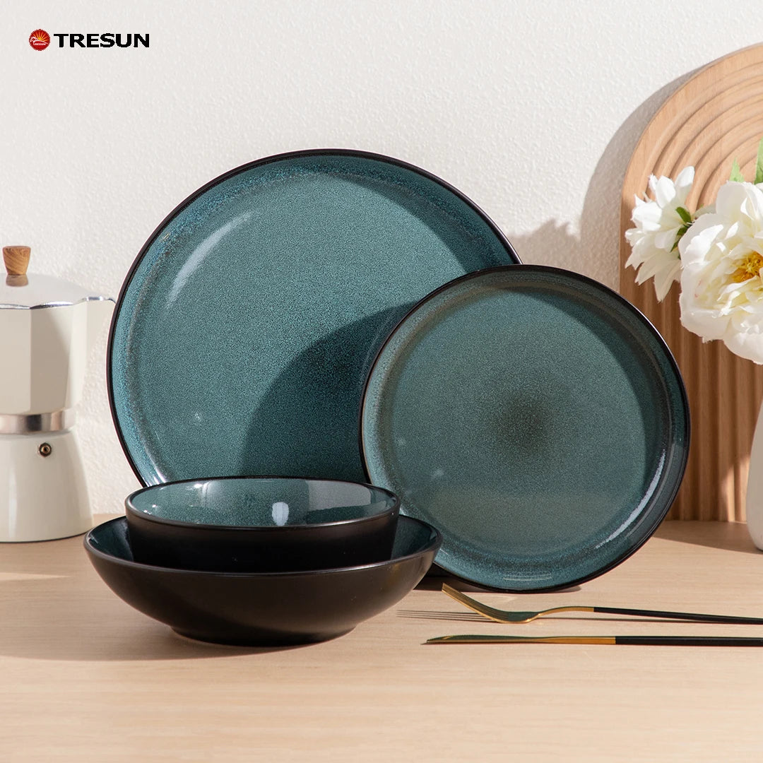 hot sale Luxury 12 pcs Green Blue Reactive Glaze Plates Dinner Set Crokery Ceramic Stoneware Dinnerware Sets for Hotel
