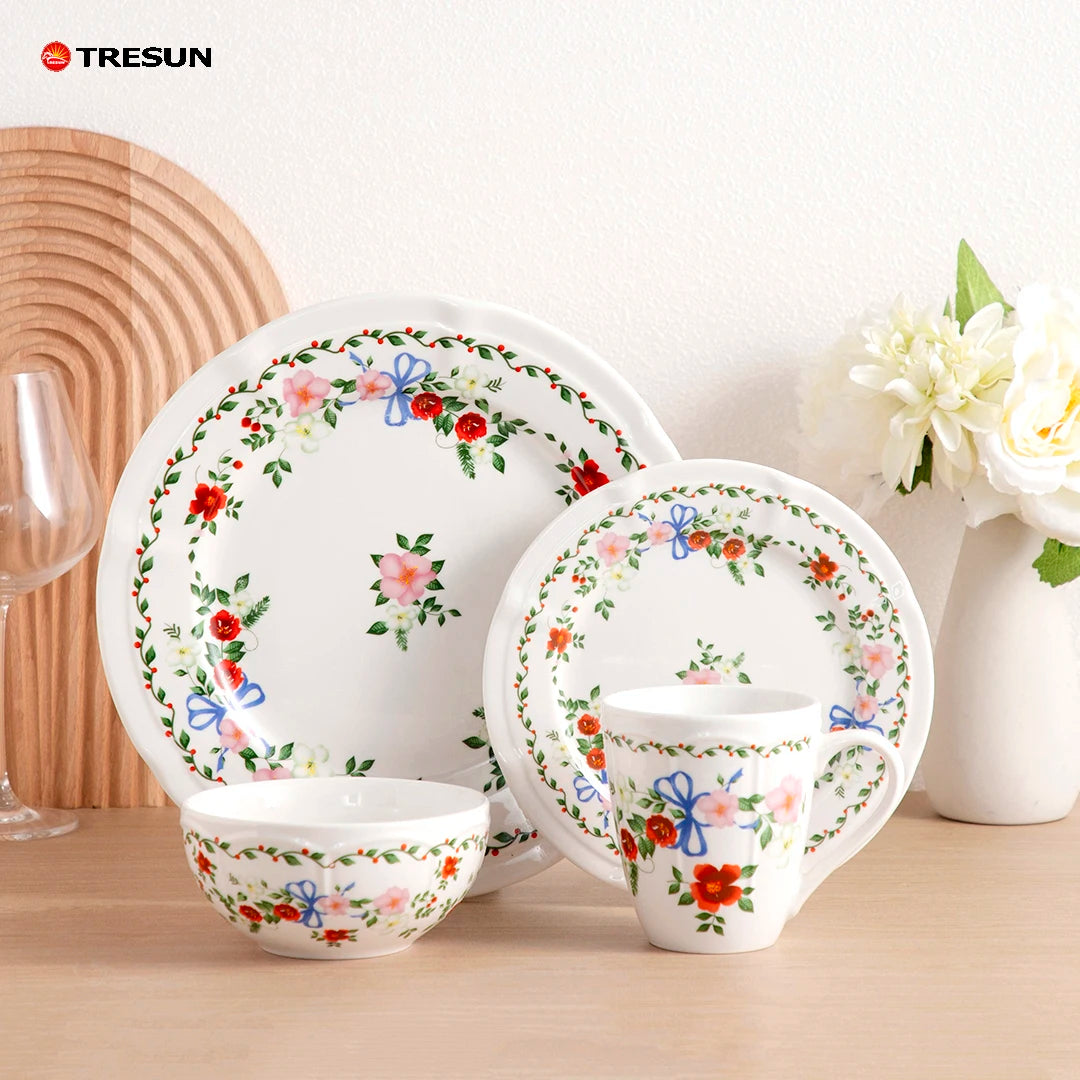 Vaisselle Vajillas De Porcelain Ceramic 16 Pieces Porcelain Decal Embossed Floral Design Luxury Wedding Tableware Dinnerware Set