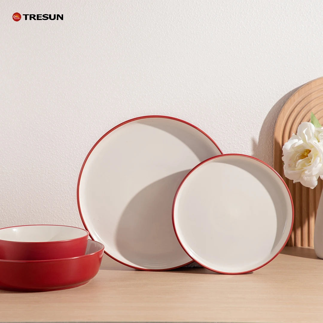 ceramic stoneware tableware two tone color hotel restaurant c grade china factory red and white double bowls and plates set