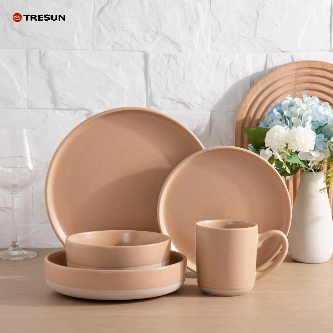 Pink Handmade Glaze Ceramic Dinnerware Set Two Tone Stoneware Plates Bowls Mugs for Home Restaurant Wholesale