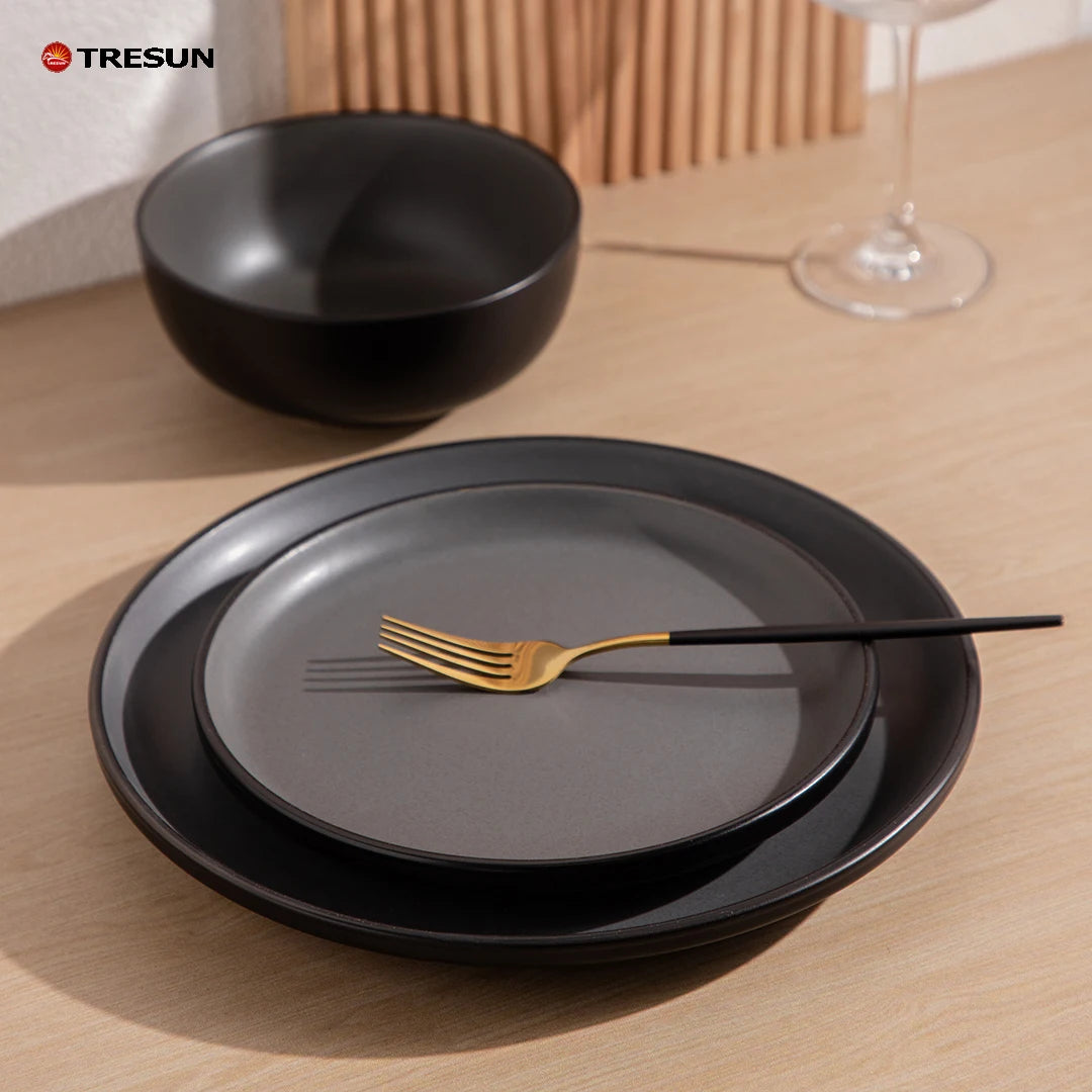 Custom Restaurant Dinnerware Set Black Brown Frosted Bowls and Plates for Soup Durable Stocked Features