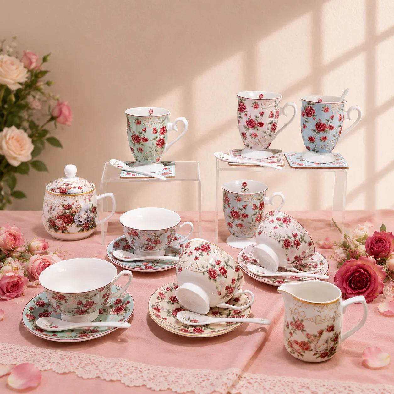 Pink Ceramic Cup With Plate Set Rose Design Coffee Mug Ceramic Cup for Office Use Business Gift