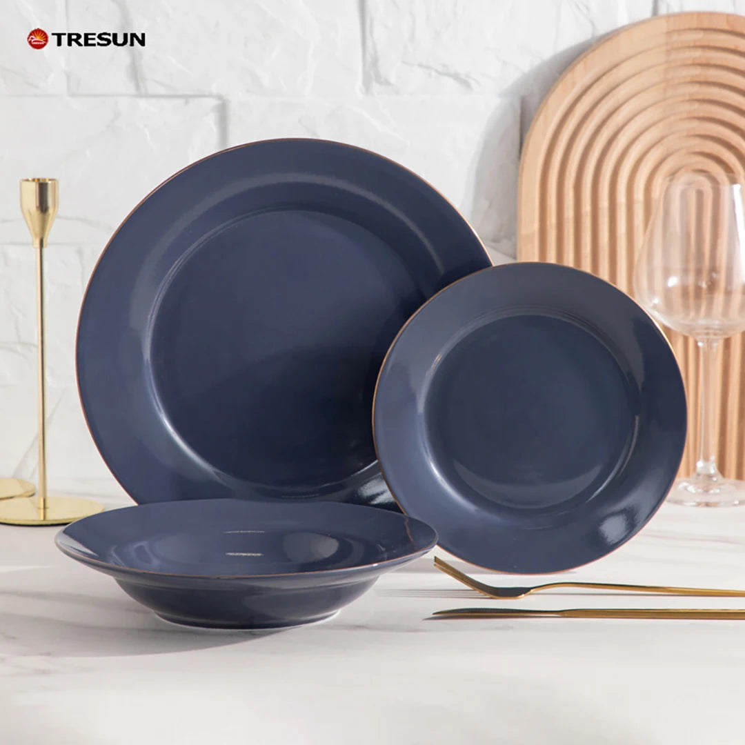 Wholesale TRESUN Classic Gold Rim Blue Glazed Porcelain Dinnerware Set 12-Piece Wedding Microwave & Dishwasher Safe Cheap Price