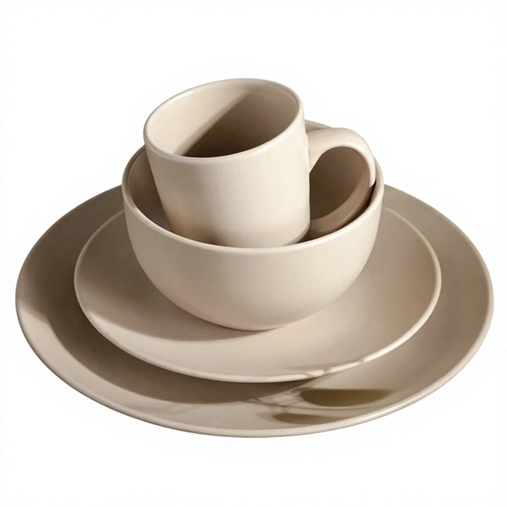 TRESUN 16-Piece Stoneware Classic Wedding Dinnerware Set Matte Beige Plates & Mug Dishwasher Safe Microwave & Freezer Safe