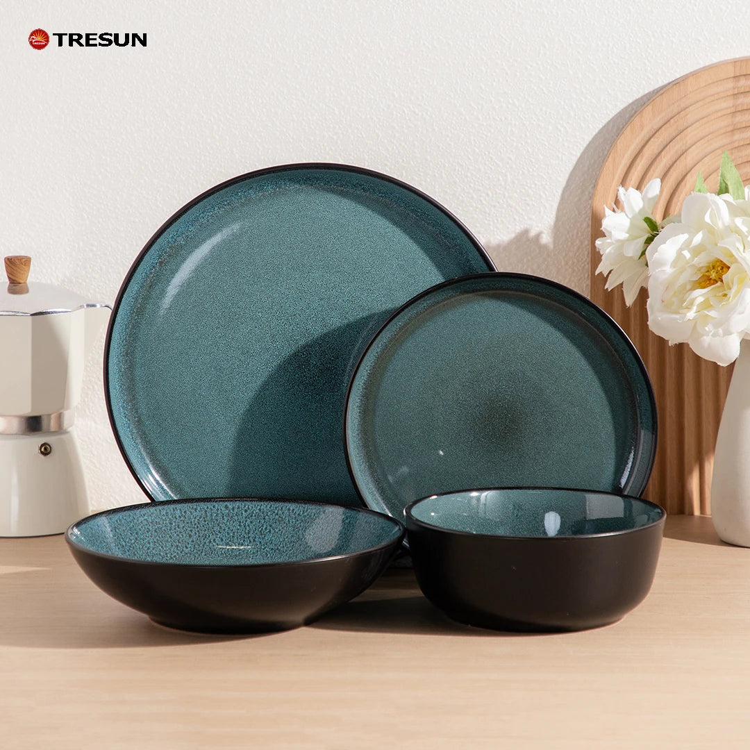 hot sale Luxury 12 pcs Green Blue Reactive Glaze Plates Dinner Set Crokery Ceramic Stoneware Dinnerware Sets for Hotel