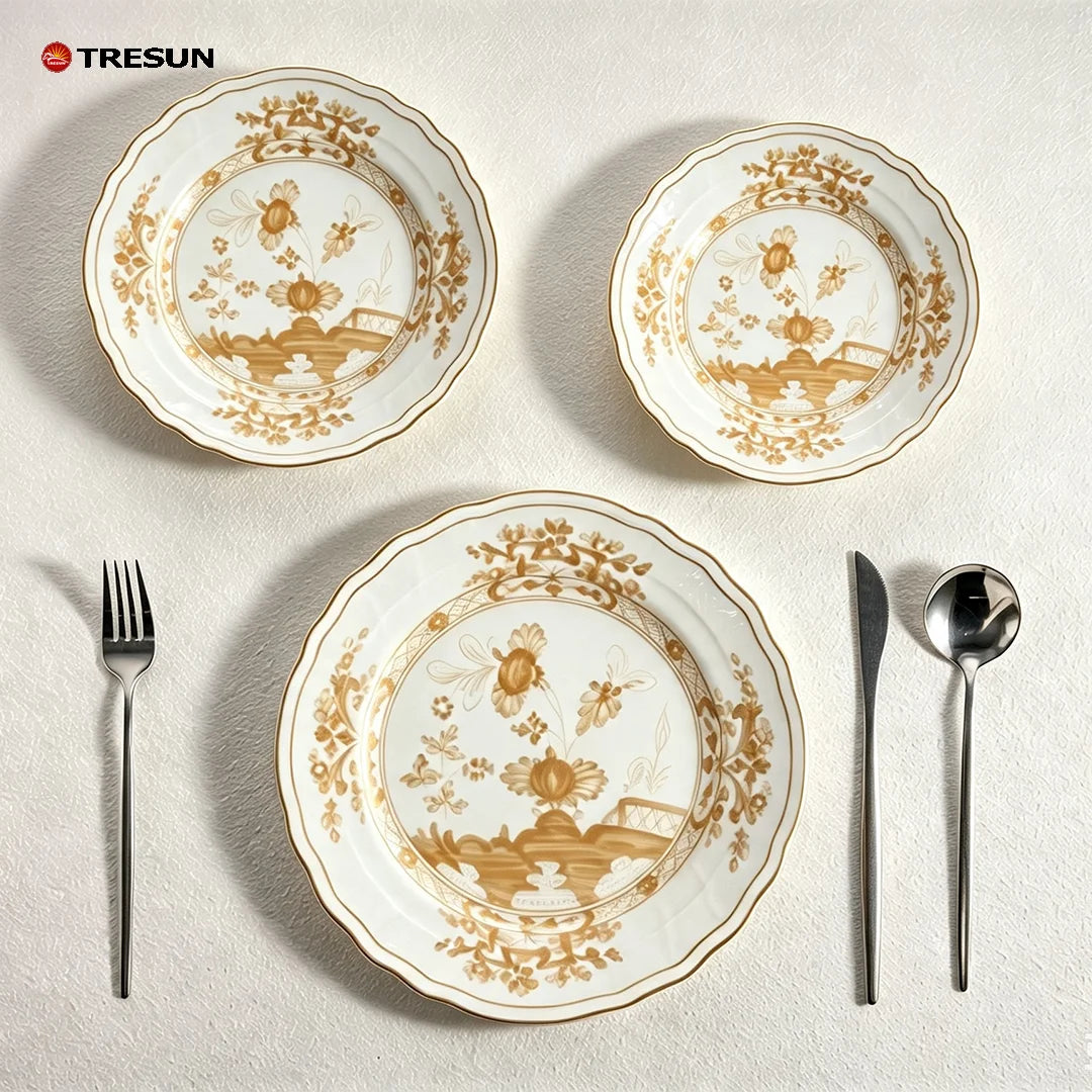 Pink Flower Wedding Dinnerware Set Wholesale Ceramic Charger Plate Collection Rental Porcelain Gold Rim Plate Dish