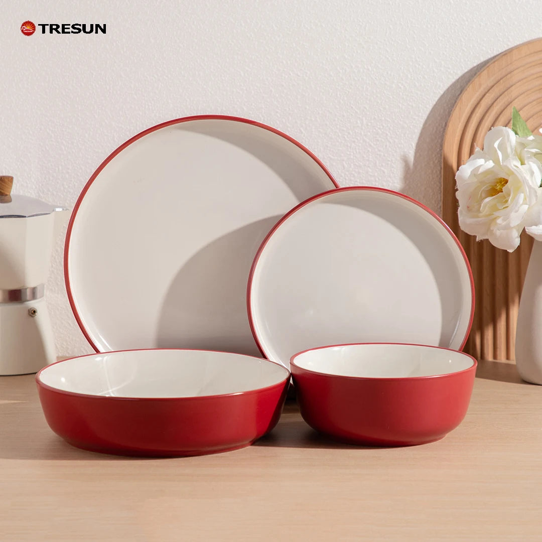 ceramic stoneware tableware two tone color hotel restaurant c grade china factory red and white double bowls and plates set