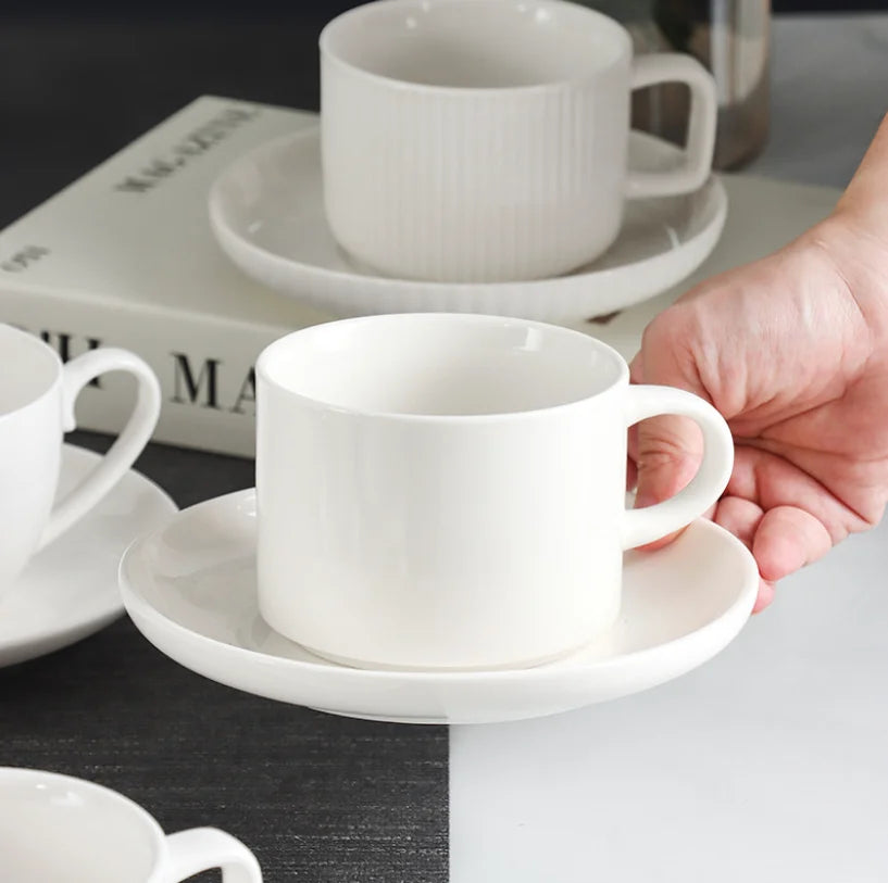 Hotel Cafe White Porcelain Embossed Coffee Cup And Saucer Set Custom Logo Restaurant Tea Cup Wholesale