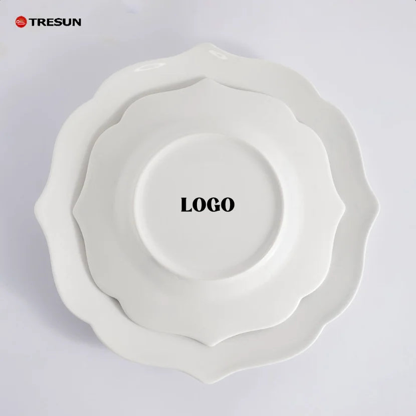 Custom White Wedding Dinner Plates Scalloped Edge Ceramic Classic Design Personalized Logo/Design Tableware Eco-Friendly Durable