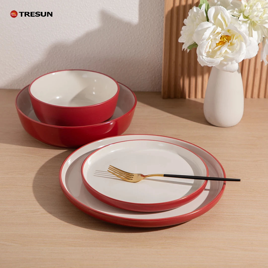 ceramic stoneware tableware two tone color hotel restaurant c grade china factory red and white double bowls and plates set