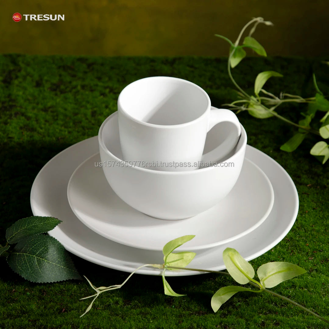 TRESUN 16-Piece Stoneware Classic Wedding Dinnerware Set Matte Beige Plates & Mug Dishwasher Safe Microwave & Freezer Safe