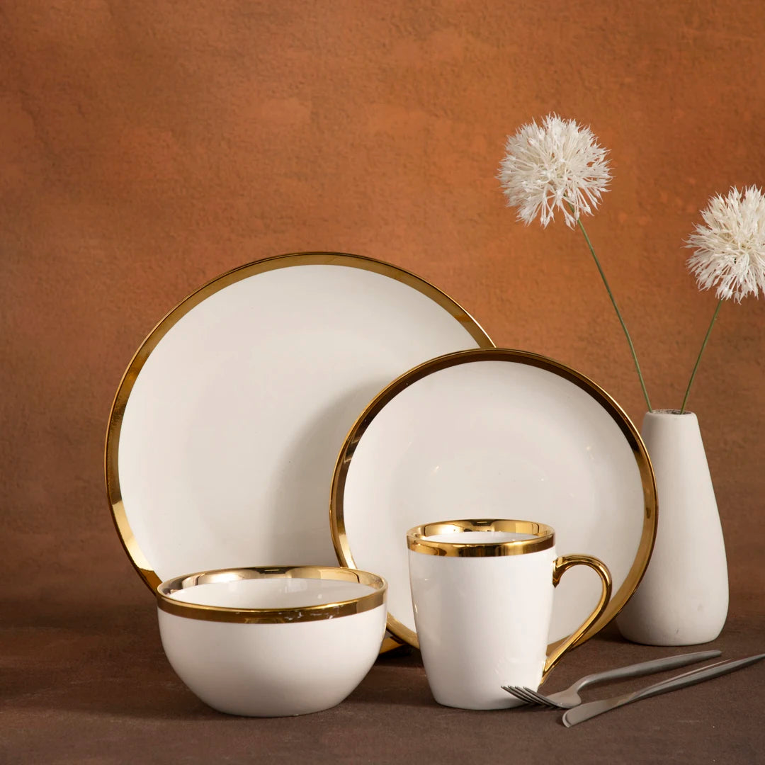 Luxury Style 16-Piece Ceramic Dinnerware Set with Gold Rim Home Tableware Reusable Dinner Plates Bowls and Plates