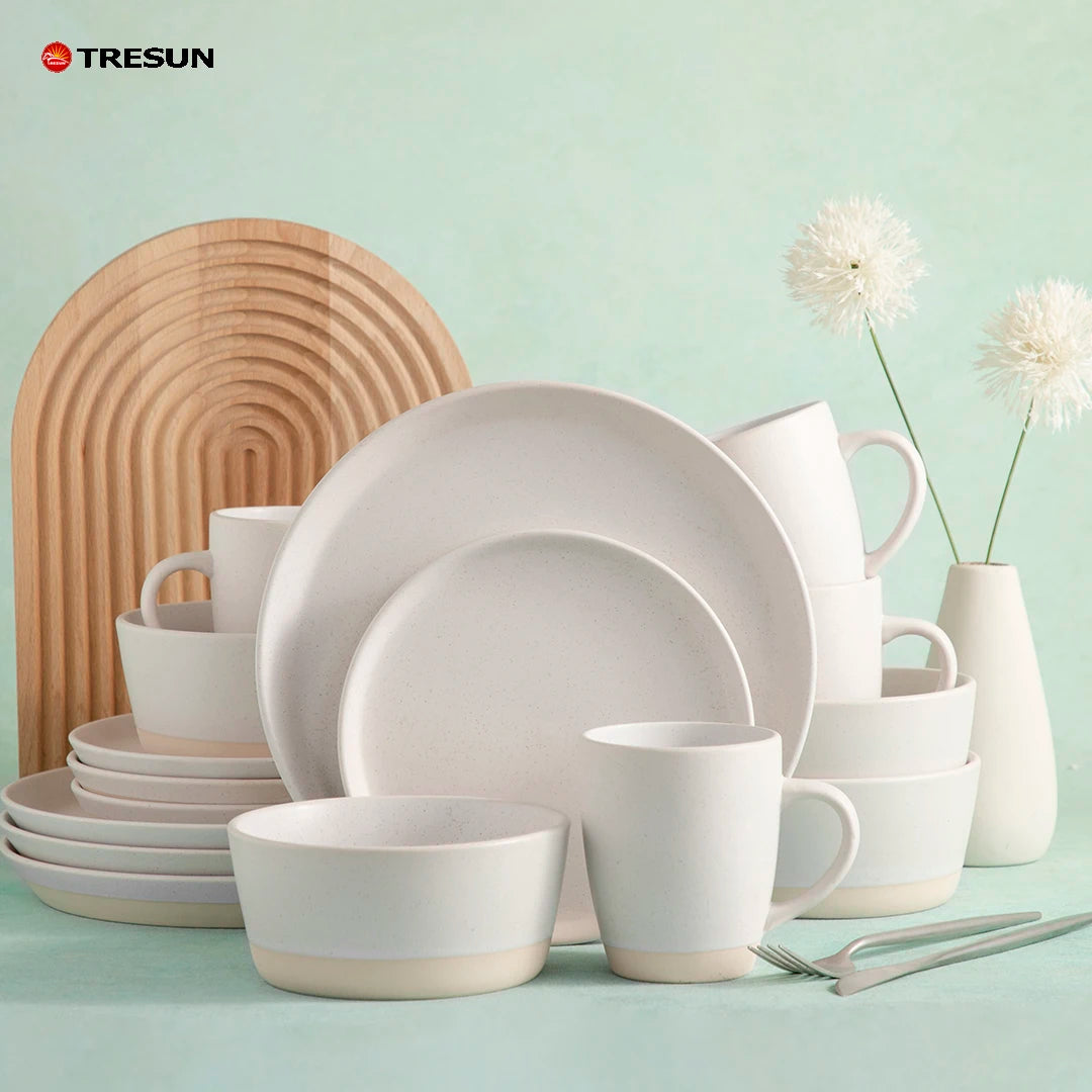 Wholesale Cheap Price TRESUN Brand Ceramic Stoneware 16-Piece Luxury White Galzed Dinnerware Set Dishwasher Safe for 4 Wedding