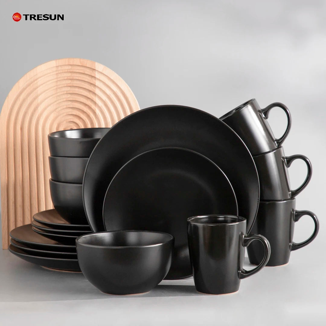 Luxury Vajillas 16 Piece Pcs Ceramic Plates and Bowls Modern Flat Microwave Safe Matte Black Stoneware Dinnerware Set of 4
