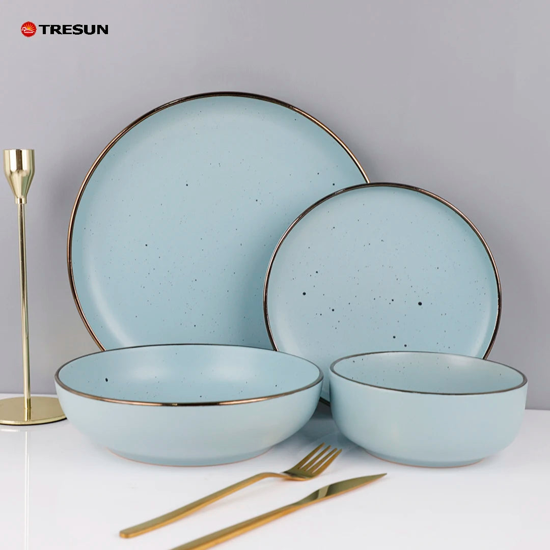 Foreign Trade Wholesale Stoneware Glaze Western 16-piece Tableware Suit Household Dot Ceramic Dinnerware set