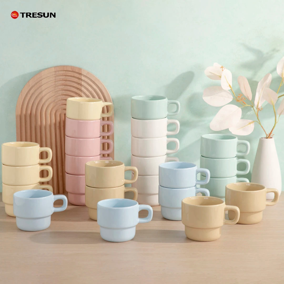Tea Cup for Home Gift Custom Logo Wholesale Stackable Macaron Color Ceramic Coffee Mug Solid Glaze Porcelain Cup