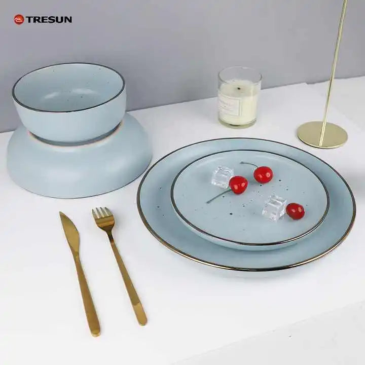Home Personality Gold Rim Nordic Creative Pind Stoneware 16 pieces Ceramic Tableware set service for 4