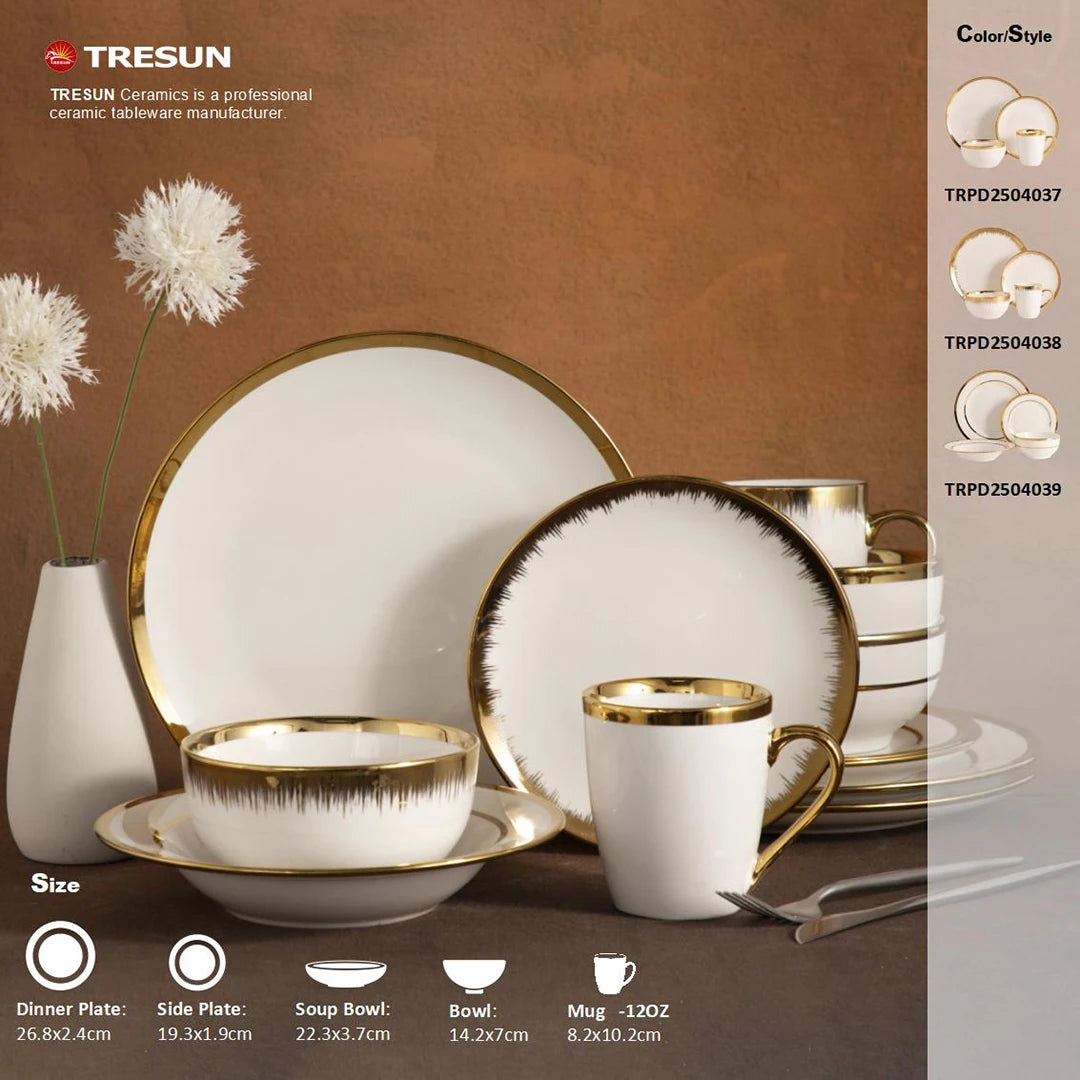 Luxury Style 16-Piece Ceramic Dinnerware Set with Gold Rim Home Tableware Reusable Dinner Plates Bowls and Plates