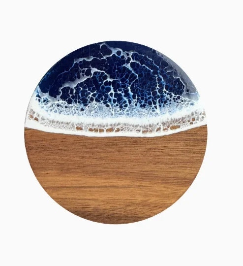 Ocean Wave Resin Acacia Wood Coasters Commercial Round Heat Resistant Cup Mats for Restaurant Hotel Wedding Banquet Wholesale