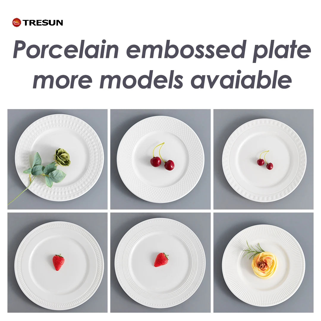 Elegant Round Edge White Plates Embossed Design Porcelain Dinner Plate Set for Wedding