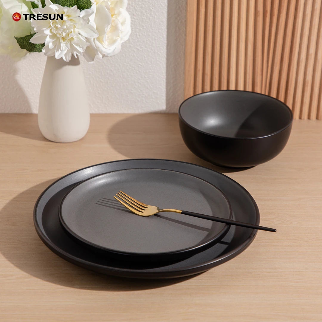 Custom Restaurant Dinnerware Set Black Brown Frosted Bowls and Plates for Soup Durable Stocked Features
