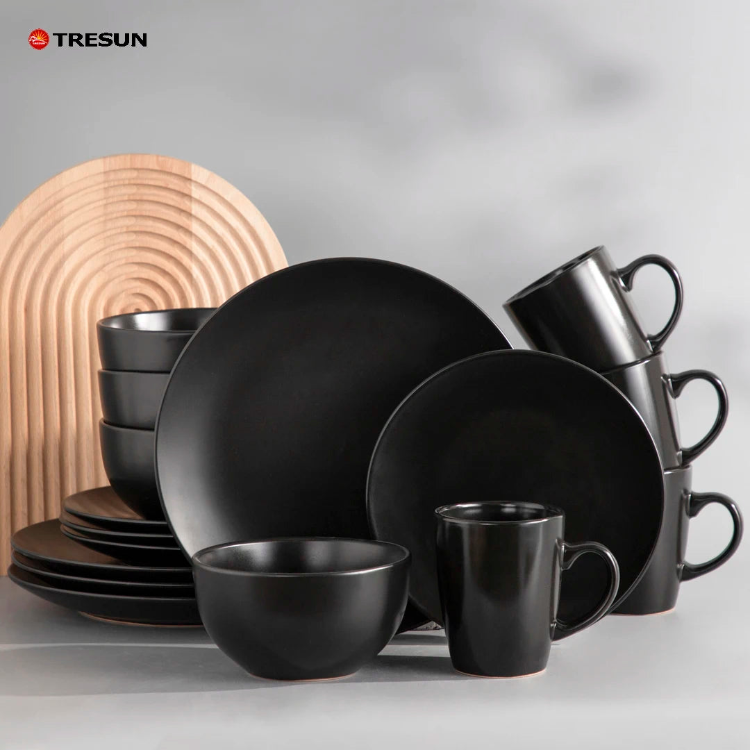 A Grade Round Black Classic Black Stoneware Dinner Set Modern Ceramic Tableware Dinnerware Sets for Wholesale for Family