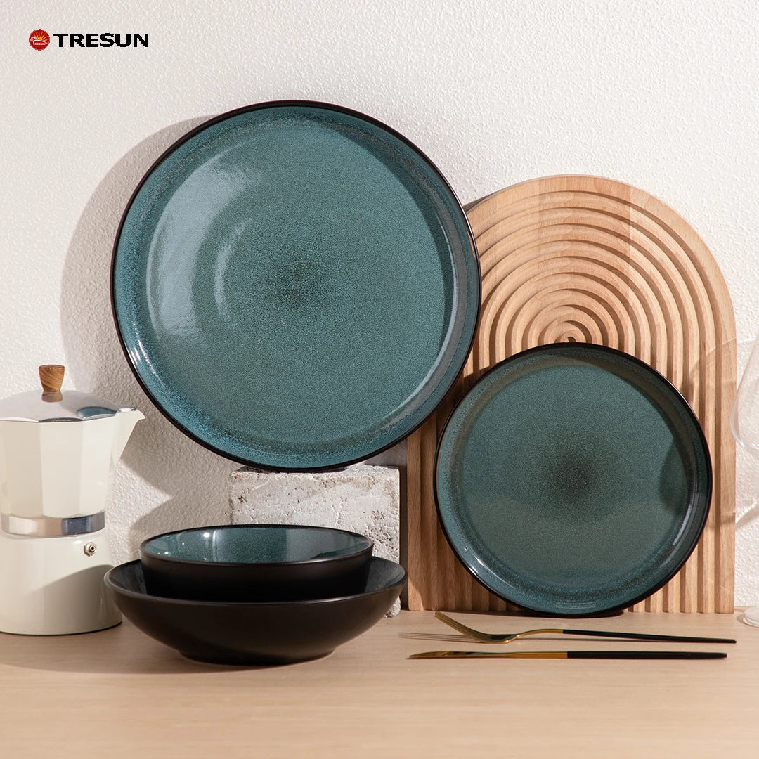 blue reactive galzed color china factory c grade low price cheap stoneware ceramic plates tableware dinnerware set