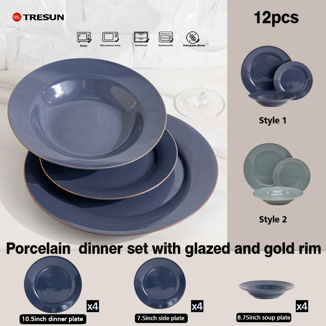 Wholesale TRESUN Classic Gold Rim Blue Glazed Porcelain Dinnerware Set 12-Piece Wedding Microwave & Dishwasher Safe Cheap Price