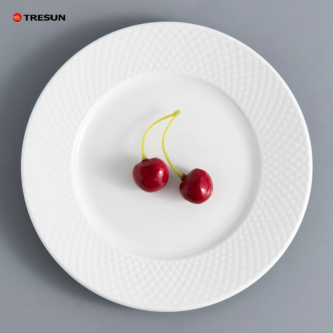 Simple Relief Western Plate Dish Set Pure White Underglaze Color Plate for Wedding