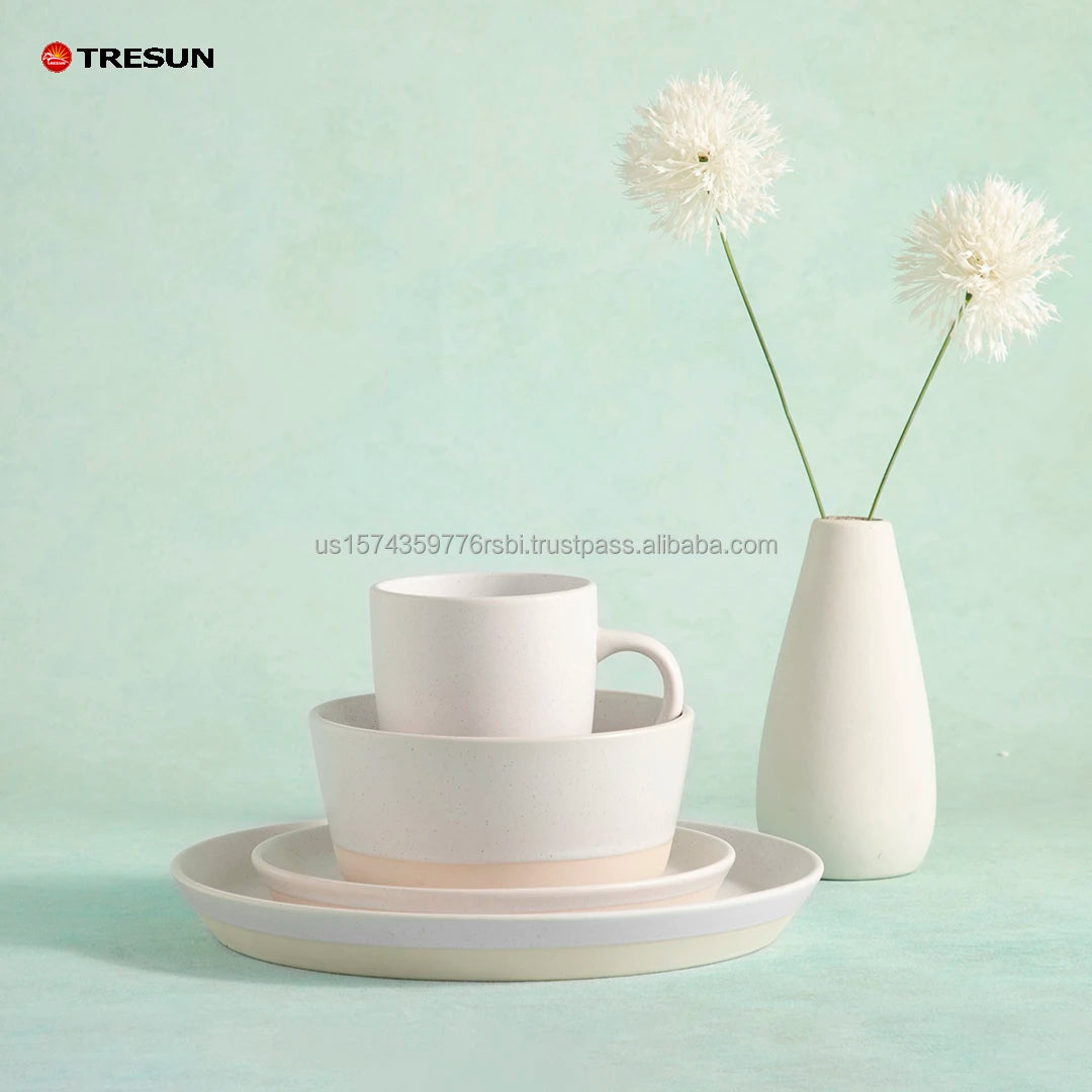 Wholesale Cheap Price TRESUN Brand Ceramic Stoneware 16-Piece Luxury White Galzed Dinnerware Set Dishwasher Safe for 4 Wedding