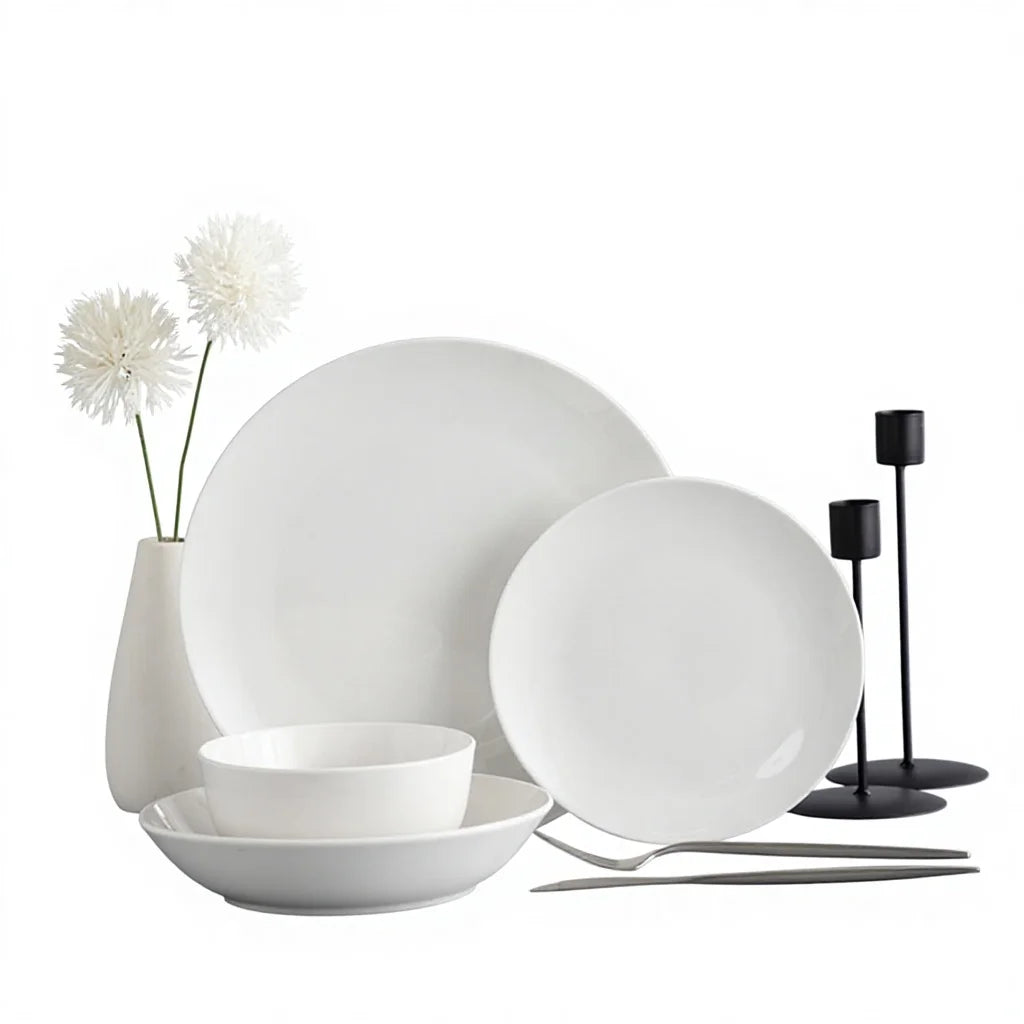 White Porcelain Round Dinnerware Sets High Quality Restaurant Hotel Ceramic Dishwasher Safe Sustainable Classic Luxury Pattern