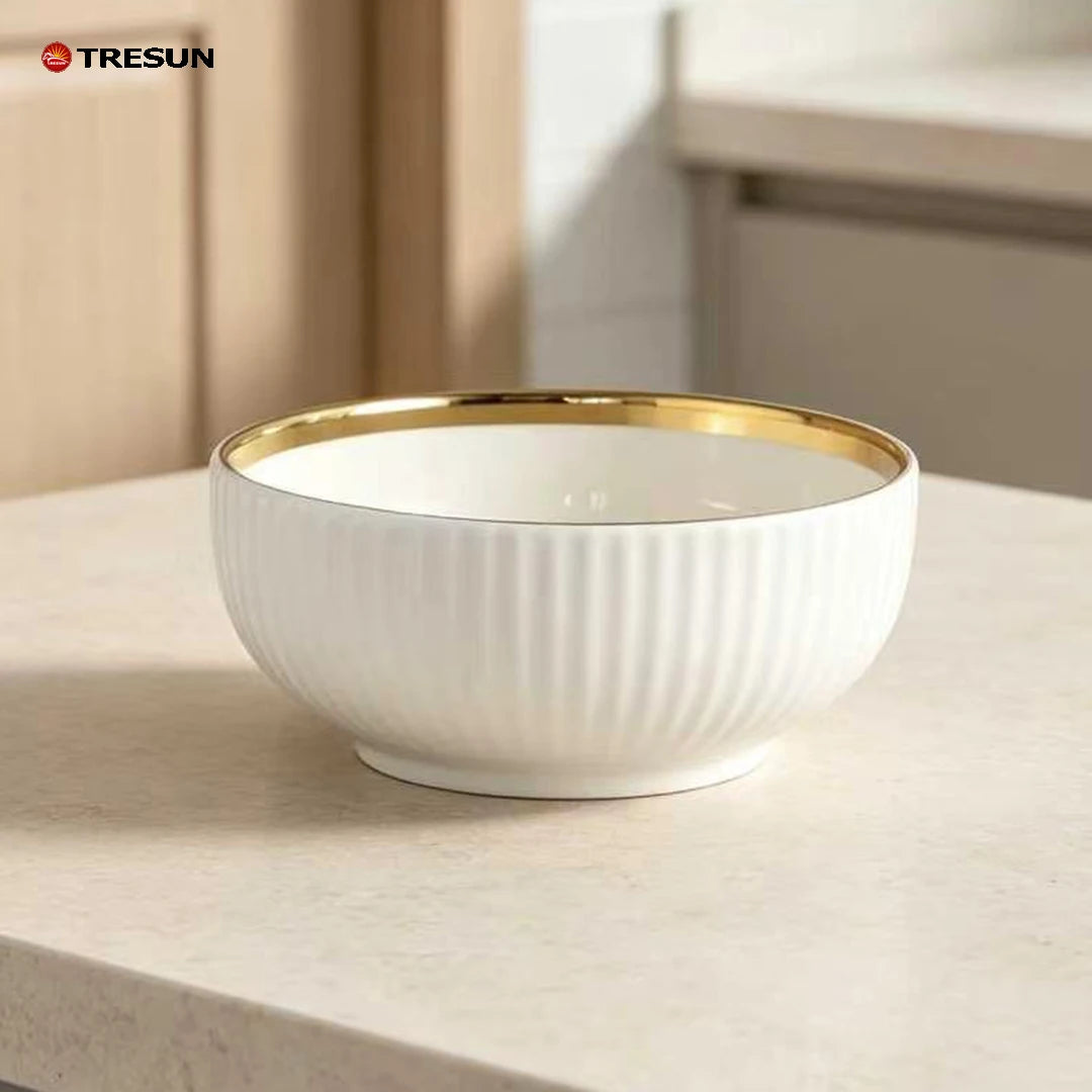 Wholesale Price Luxury White Golden Home Kitchen Food Restaurant Serving Rice Cereal Porcelain Ceramic Bowl
