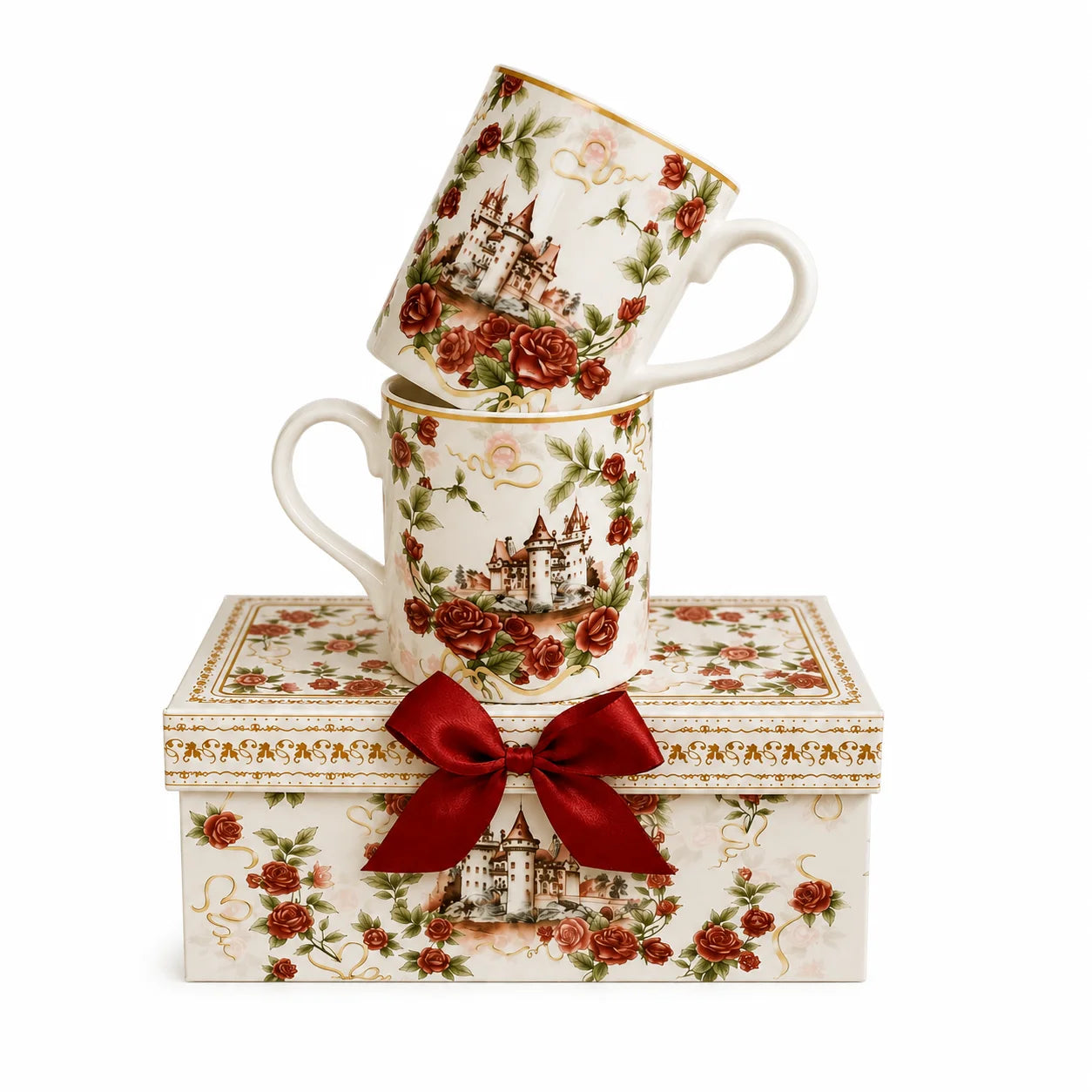 Cute Castle Rose Design Two Ceramic Coffee Mug Sets Christmas Gifts Cup with Handle for Home Use