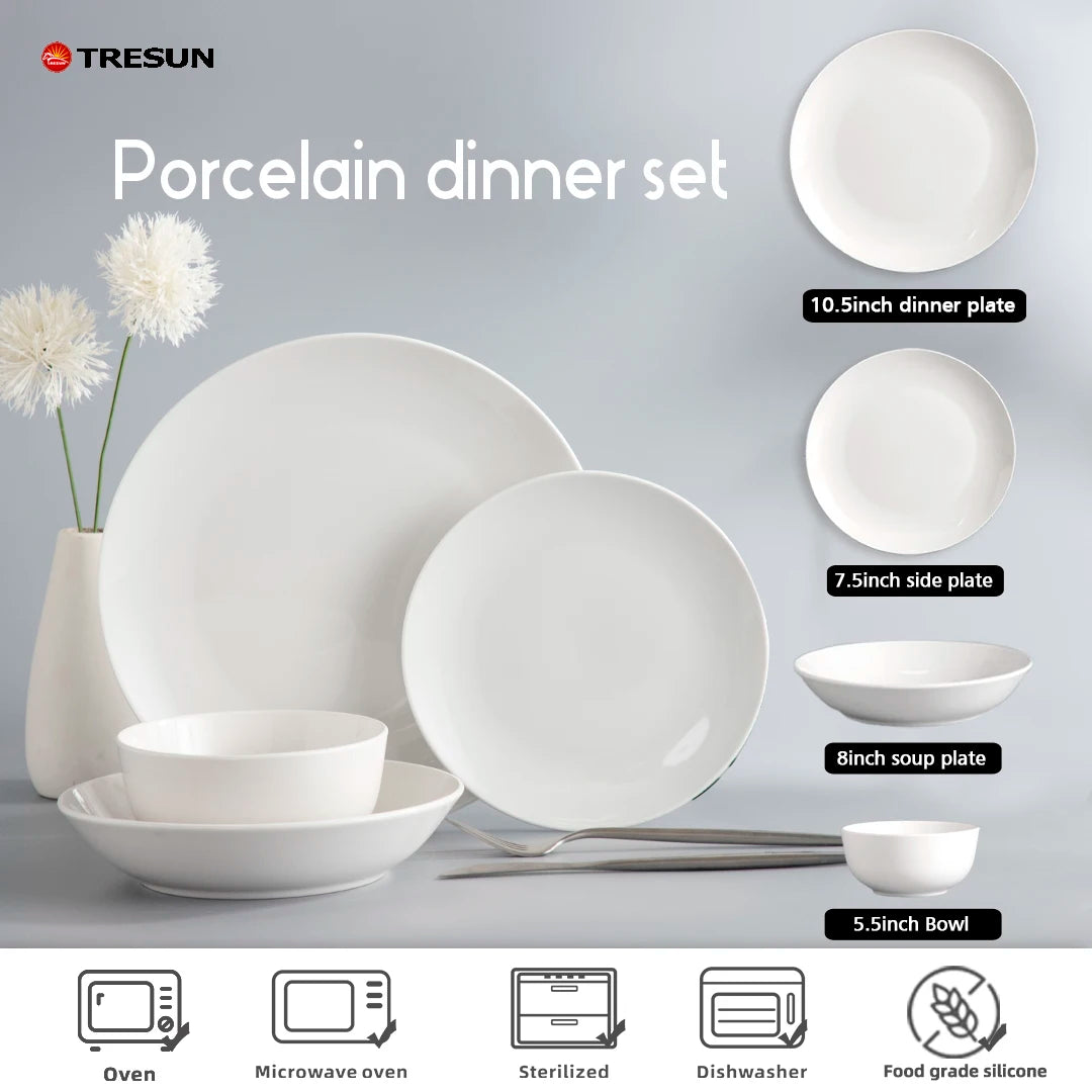 Round Shape White Ceramic Dinner Plates Sets Dinnerware Porcelain Wedding Dishes Plates