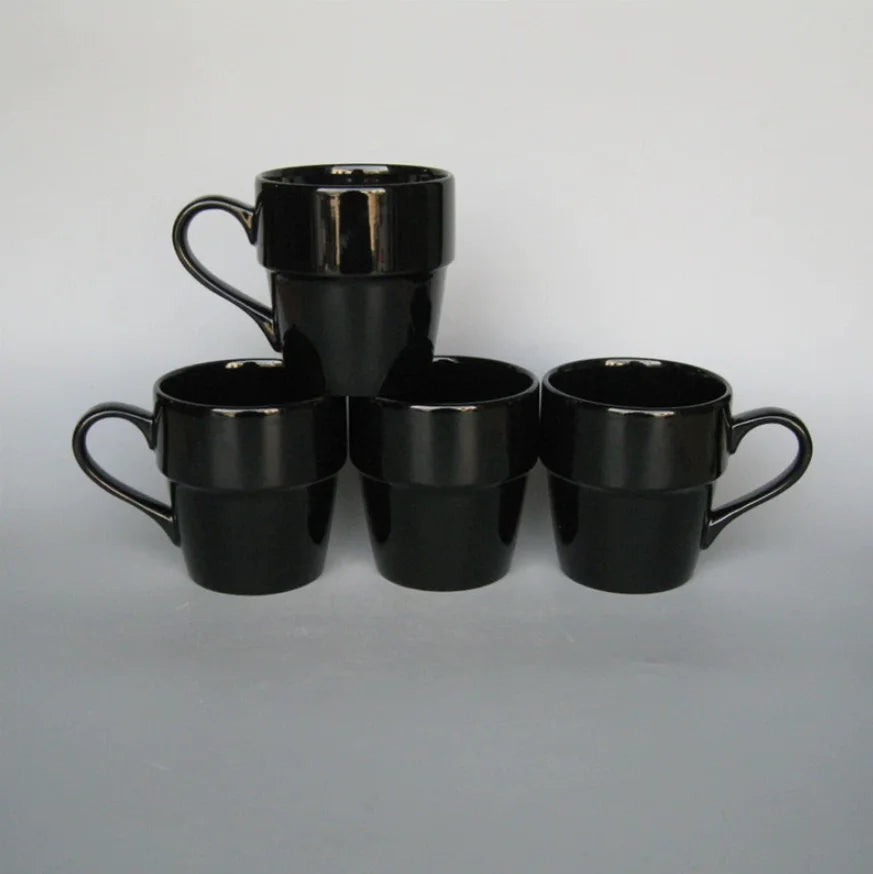 Black Glazed Stackable Ceramic Mug, Simple Tiered Coffee Milk Cup Custom Logo Print Wholesale for Supermarket Promotional Gifts