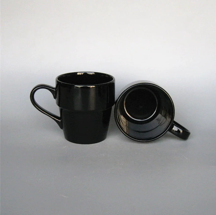 Black Glazed Stackable Ceramic Mug, Simple Tiered Coffee Milk Cup Custom Logo Print Wholesale for Supermarket Promotional Gifts