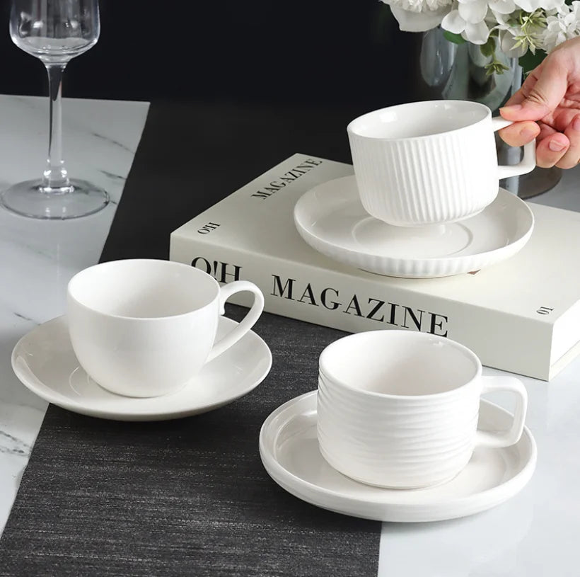 Hotel Cafe White Porcelain Embossed Coffee Cup And Saucer Set Custom Logo Restaurant Tea Cup Wholesale