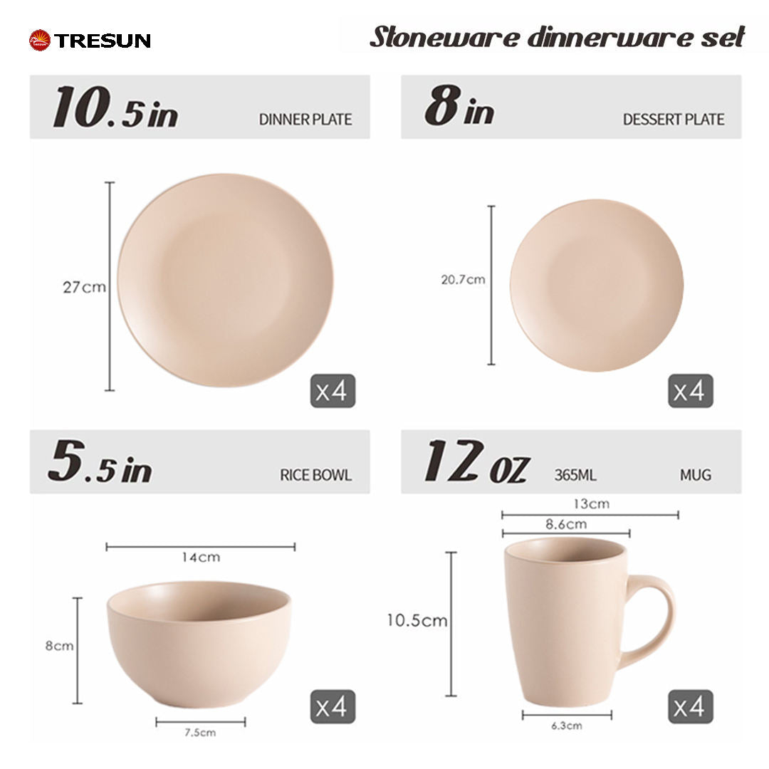 Tresun® 16-pc Stoneware Set - Service for 4 | Elegant & Durable Everyday Dinnerware