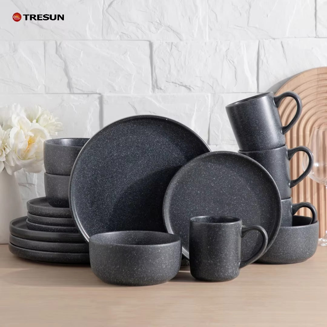 Tresun®16 Pieces Matte Black Stoneware Dinnerware Set | Service for 4