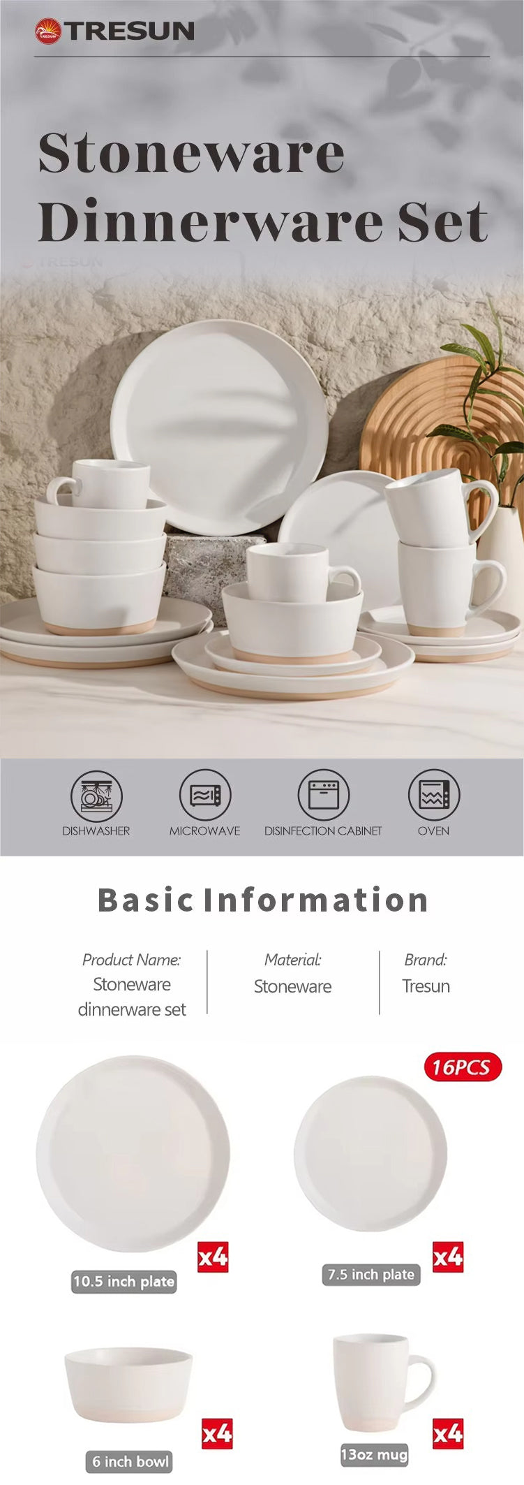 Tresun®16 Pcs Two-tone Beige White Stoneware Dinnerware Set | Service for 4