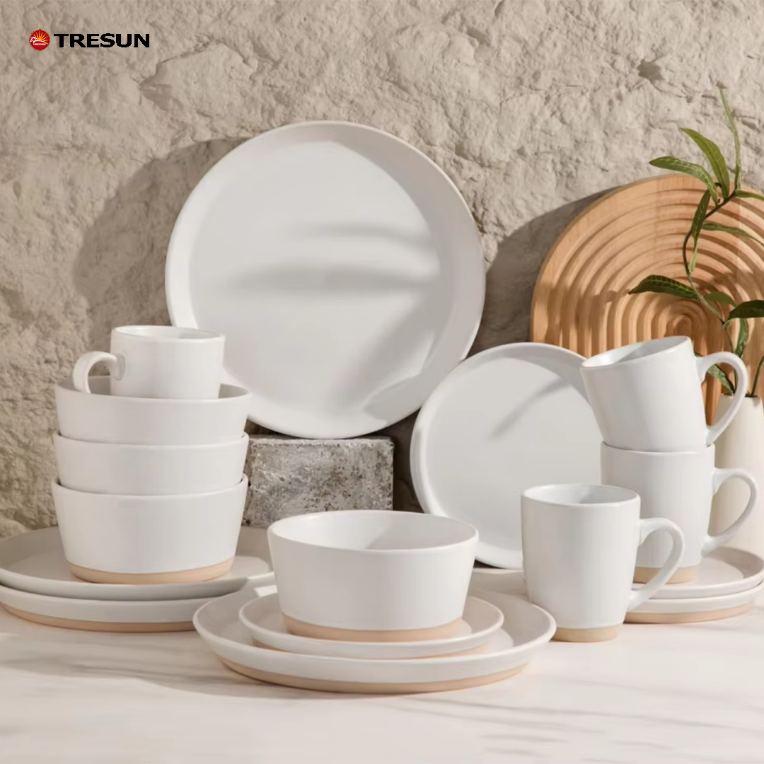 Tresun®16 Pcs Two-tone Beige White Stoneware Dinnerware Set | Service for 4