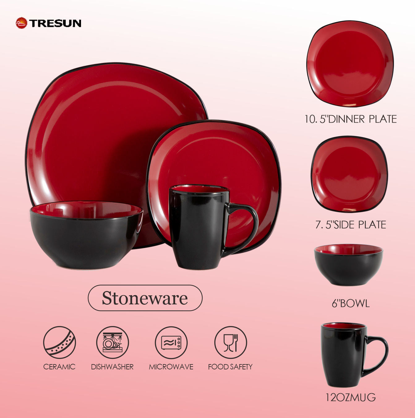 Tresun® 16-Piece Square Red-Black Ceramic Set | Service for 4
