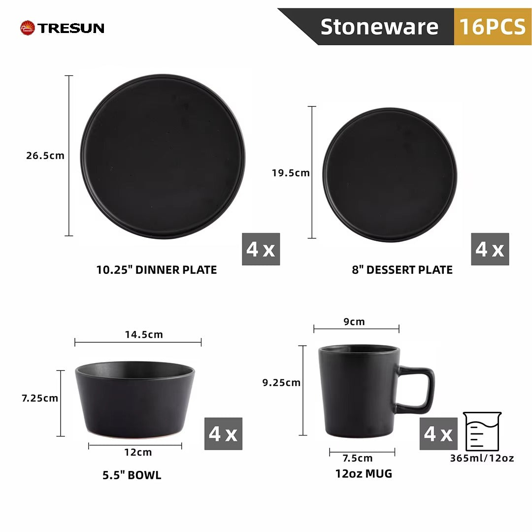 Tresun® 16-Piece Matte Black Stoneware Dinnerware Set | Service for 4